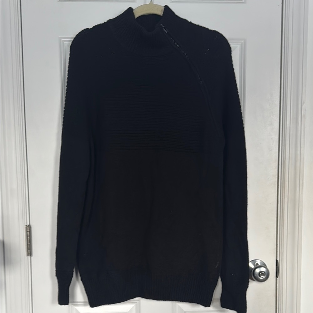 H&M Men’s Black Zip Up Sweater with Turtleneck and Ribbed Texture